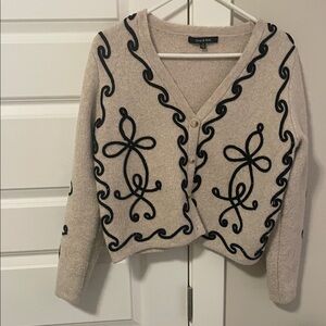 Elegant Beige and Black Embroidered Cardigan